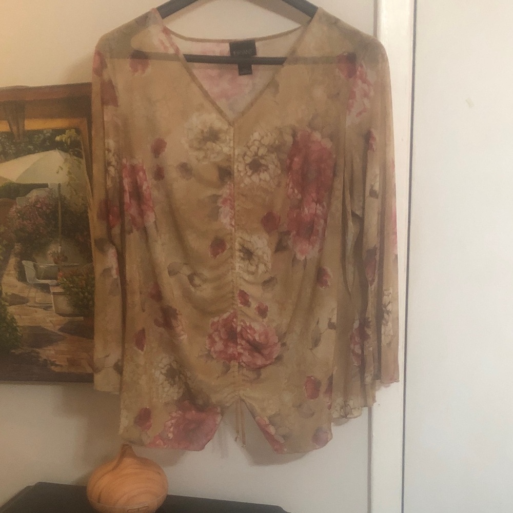 Lane Bryant Beige Floral V-Neck Ruched Blouse with Pink Blooms NBC